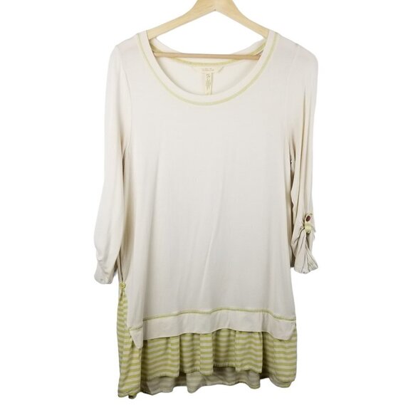 MATILDA Jane Small Ventriloquist Tunic Top Cream Green Roll Tab Sleeves Layered - Picture 2 of 11